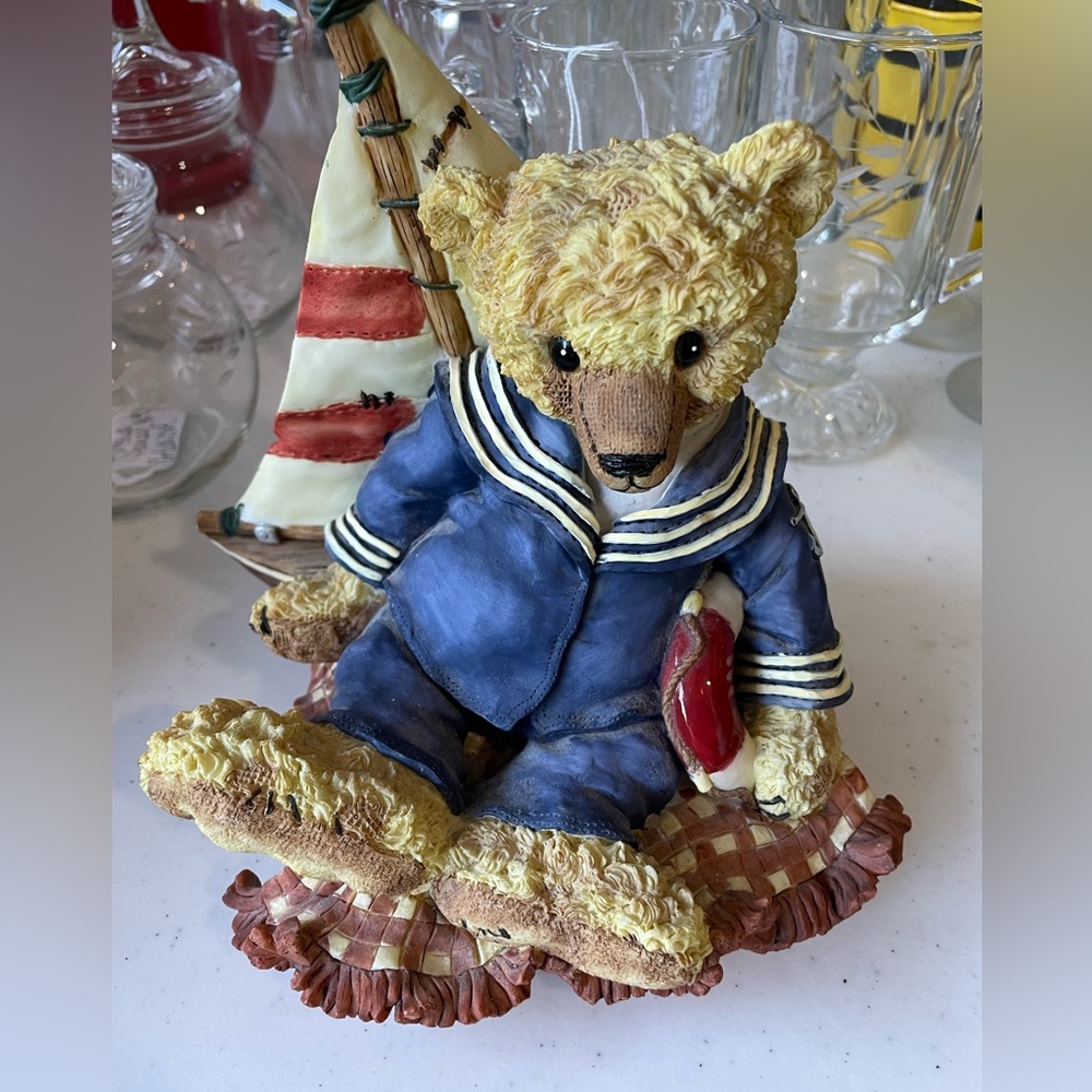EUC sailor teddy bear with sailboat music box